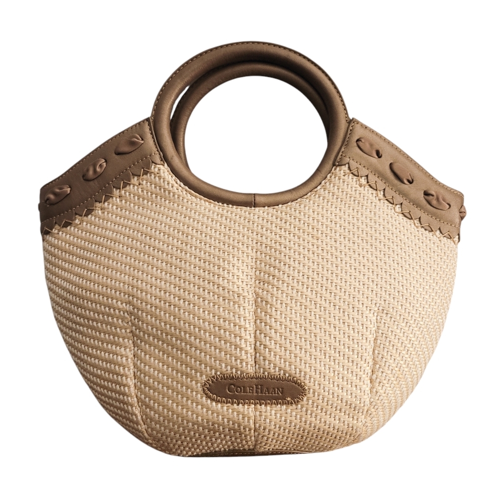 Cole haan woven bag circular leather straps Sarah straw natural bronze